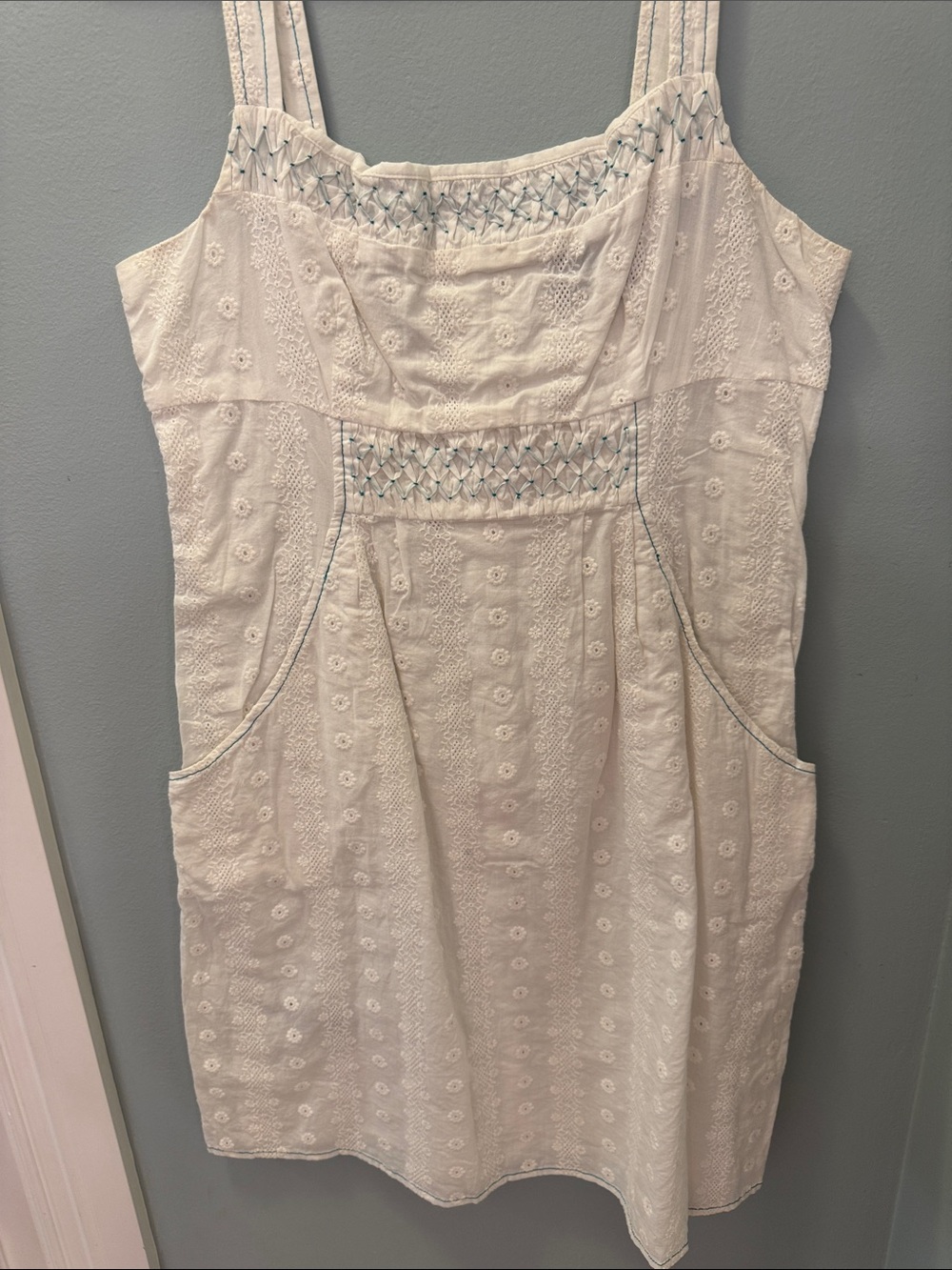 max and cleo White Eyelet Cotton Sundress with Teal Embroidered Detail
